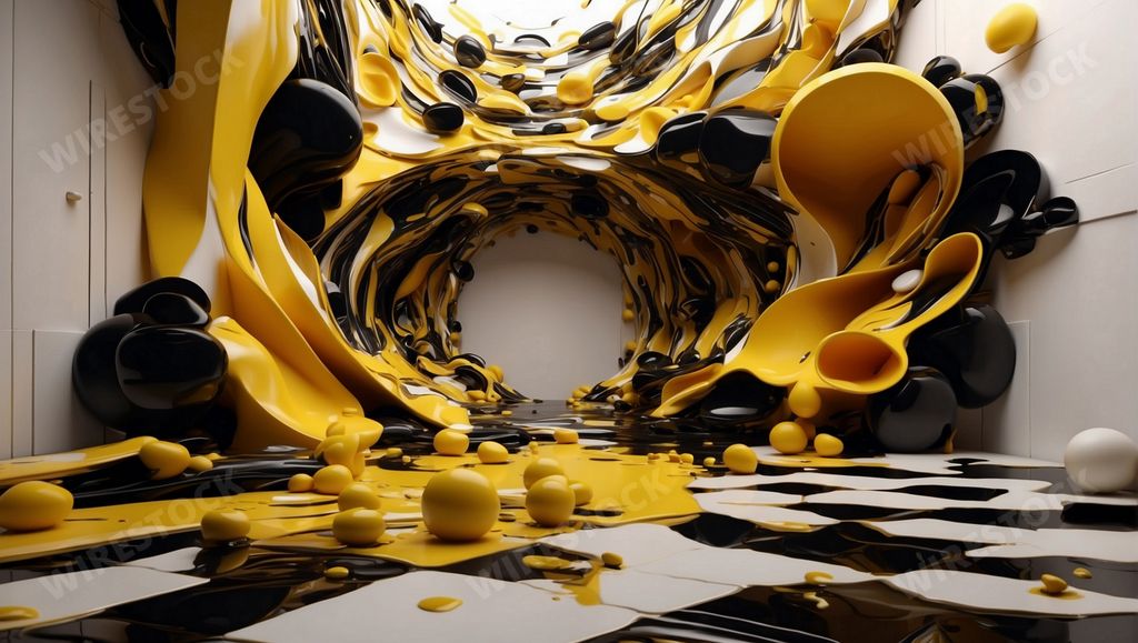 An AI generated illustration of 3D geometric art with numerous black and yellow balls against a backdrop of pristine white walls