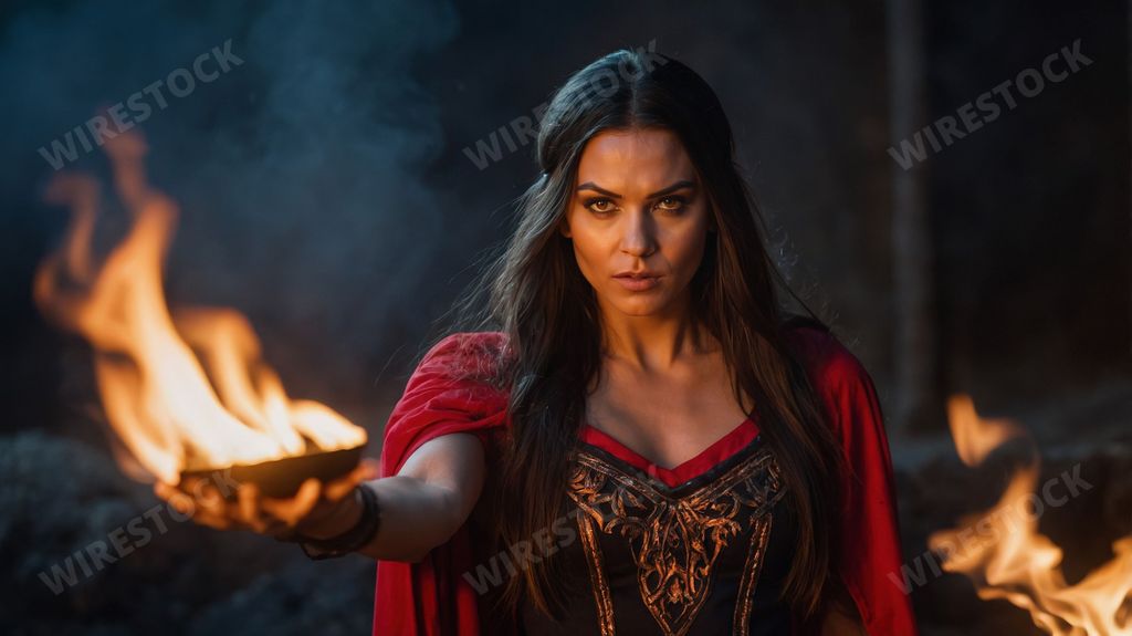 An AI generated illustration of A woman in medieval attire holding a burning bowl with flames in the background, creating a dramatic atmosphere.