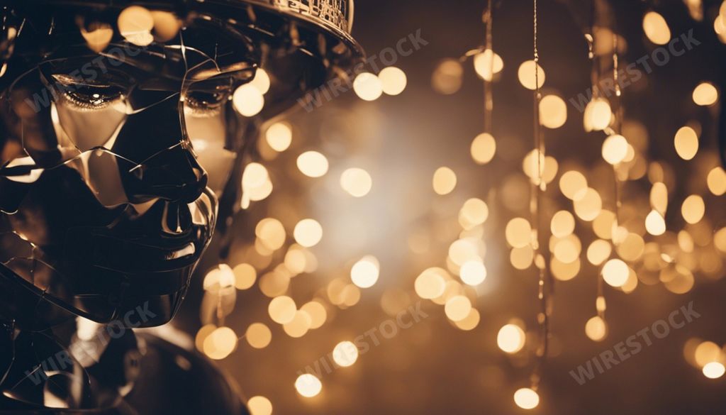 An AI generated illustration of A man wearing a full face protective mask and helmet stands with two handheld lights elevated above his head
