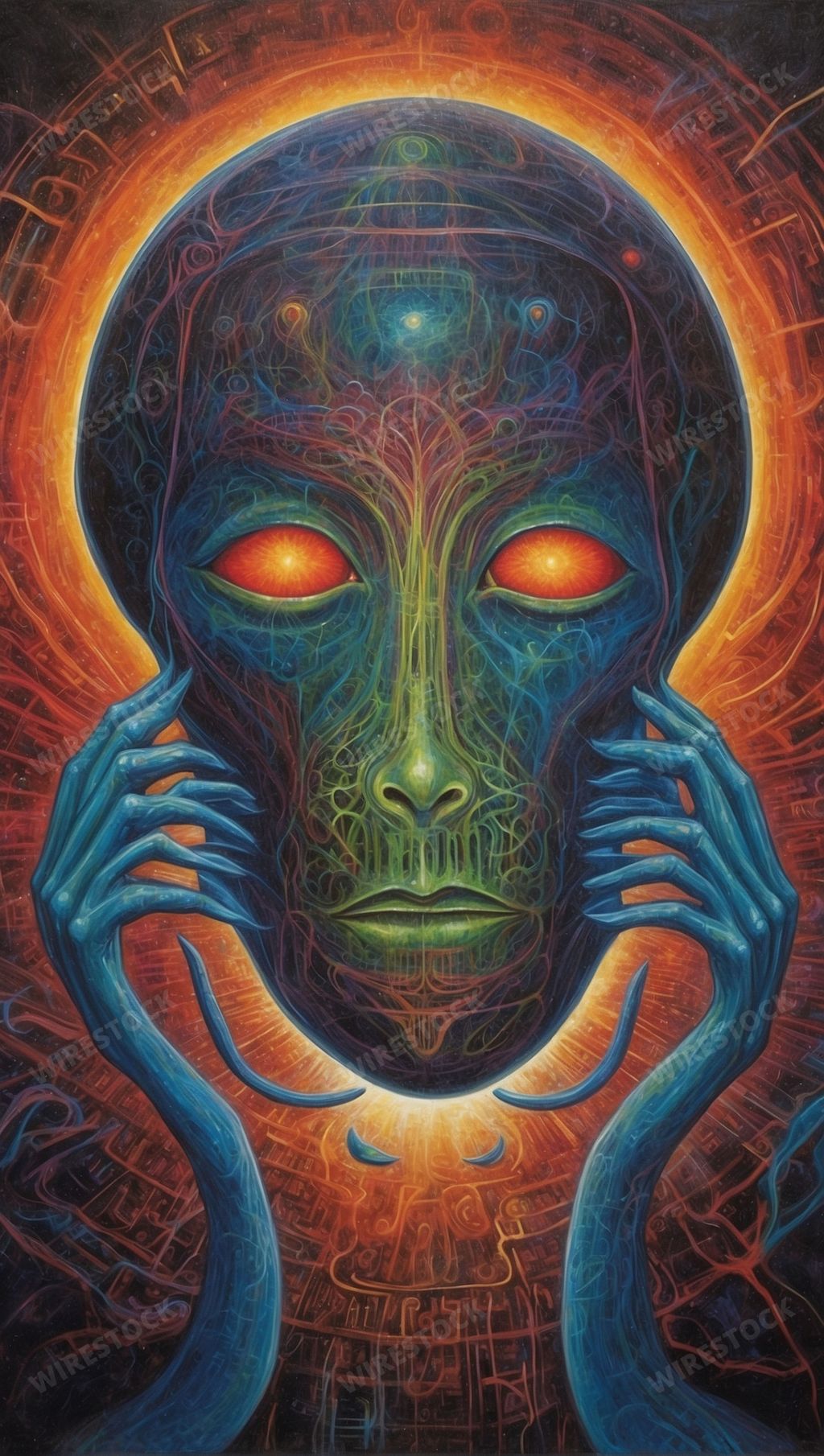 An AI generated illustration of An alien with glowing red eyes is featured prominently in the foreground of the image, with his hands outstretched