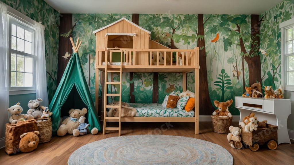 An AI generated illustration of A cozy children's bedroom with a treehouse bunk bed, forest-themed wallpaper, and plush toys, creating a playful and inviting atmosphere.