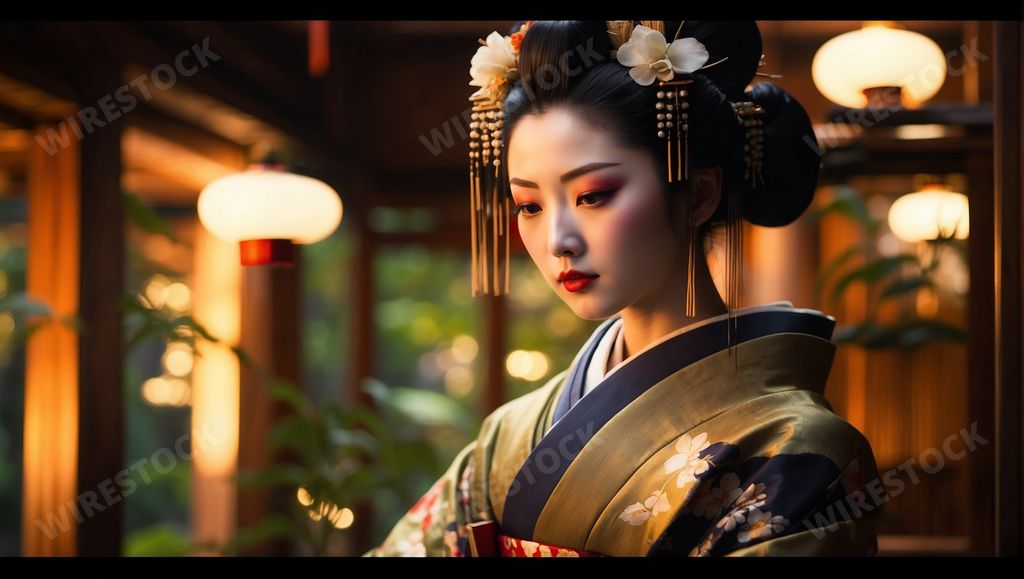 An AI illustration of a young Japanese girl wearing a traditional Japanese kimono.