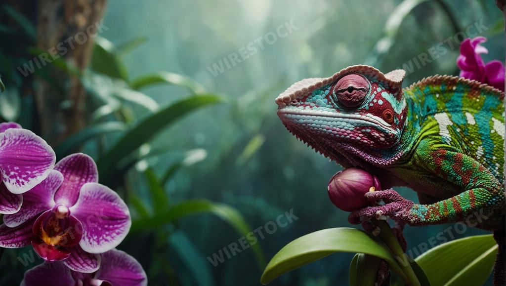 An AI generated illustration of Two lizards, one small chamelon, and another observing it on plants
