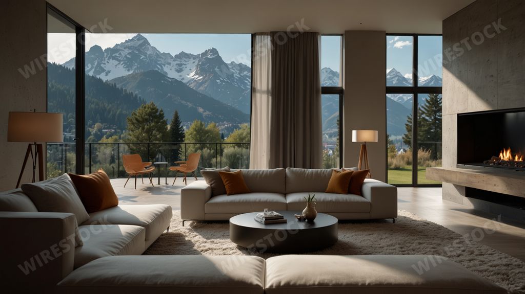 An AI generated illustration of a modern living room in an elegant and minimalist design with views of the mountain massifs