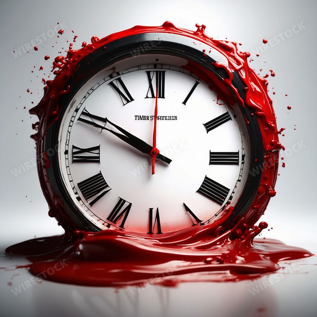 An AI generated illustration of A red paint splatter in the shape of a clock is seen on a white background, resembling a pool of blood