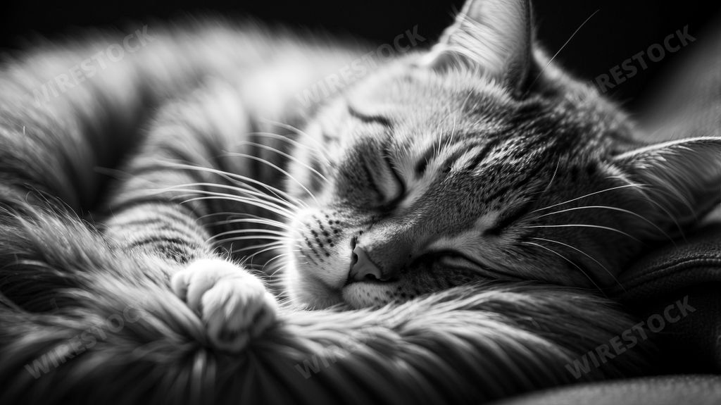An AI generated illustration of a cat peacefully napping on a black chair, in black and white