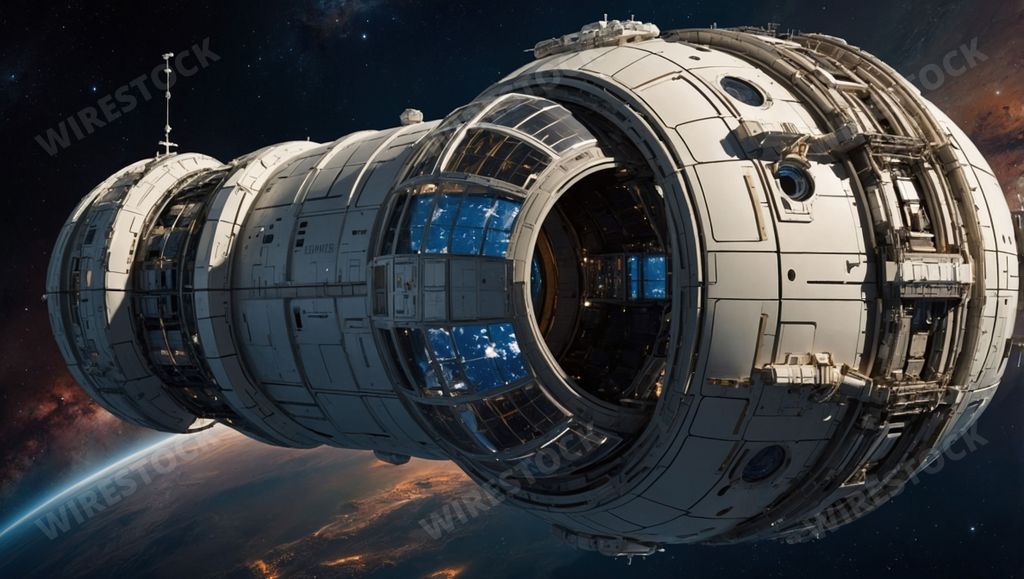 An AI generated illustration of a futuristic spacecraft orbiting Earth with a backdrop of stars and galaxies.