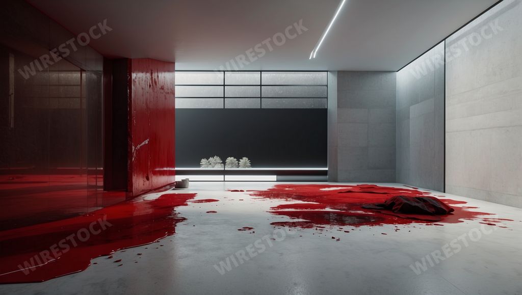 An AI generated illustration of a white room with red paint splattered on the floor and the walls