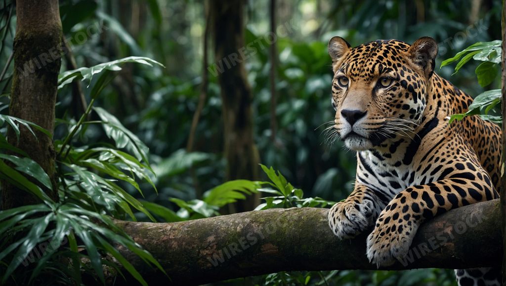 An AI generated illustration of A big leopard resting on a tree branch in the jungle