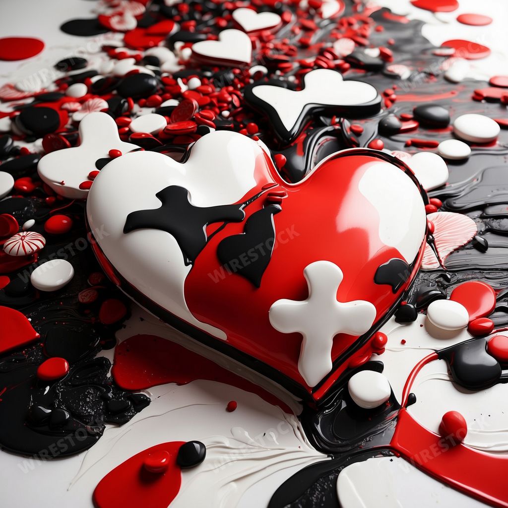 An AI generated illustration of a pattern of hearts and crosses in red, black and white colors scattered across a glossy white table surface