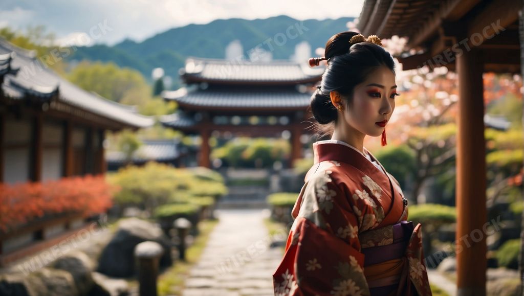 An AI illustration of a young Japanese girl wearing a traditional Japanese kimono.
