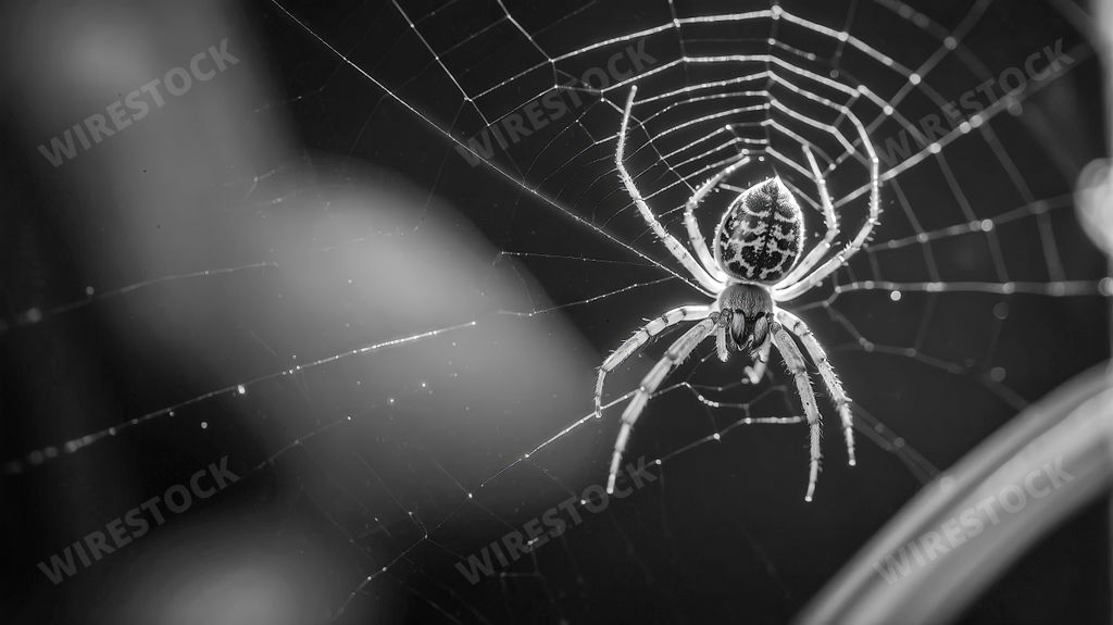 An AI generated illustration of a monochrome spider patiently in web, ready for prey