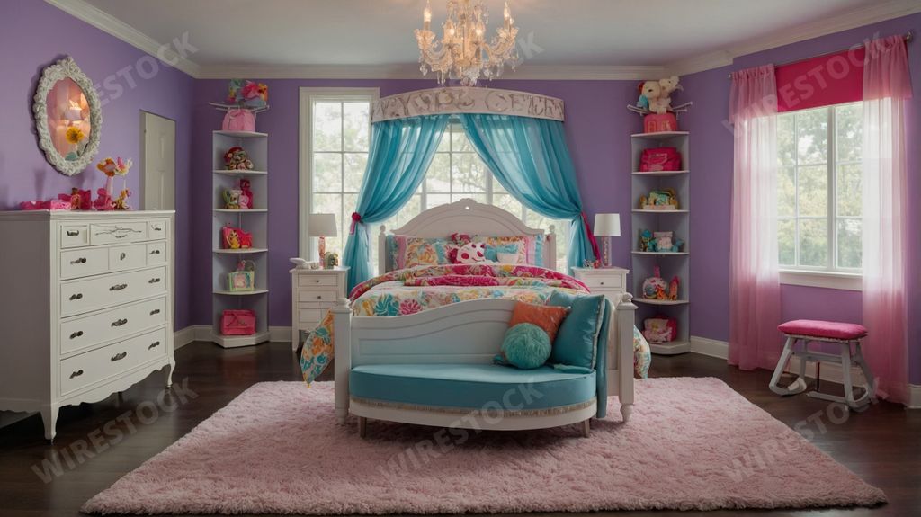 An AI generated illustration of A brightly decorated girl's bedroom with purple walls, a white bed, and colorful accents