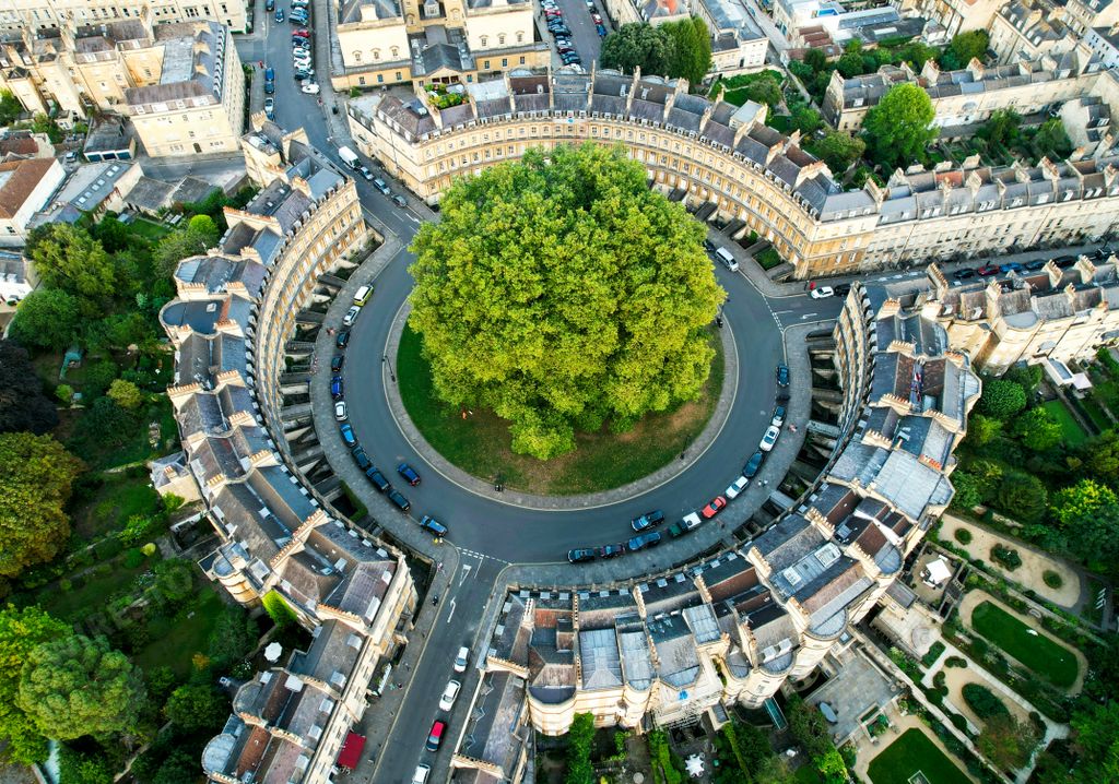 An aerial view of Bath Circus in Somerset, UK