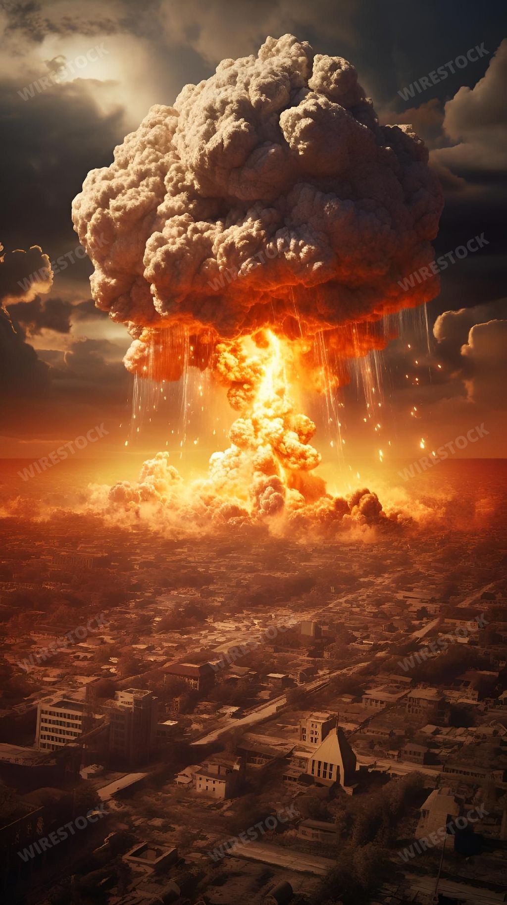 An AI generated illustration of a nuclear explosion in the sky above an urban skyline