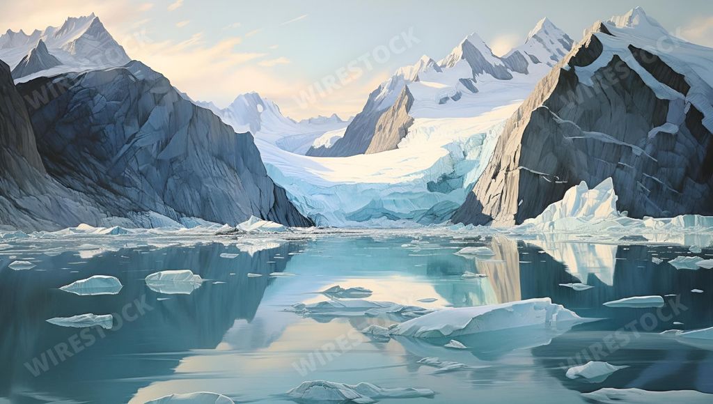 An AI generated illustration of a frozen lake with chunks of ice floating in the water