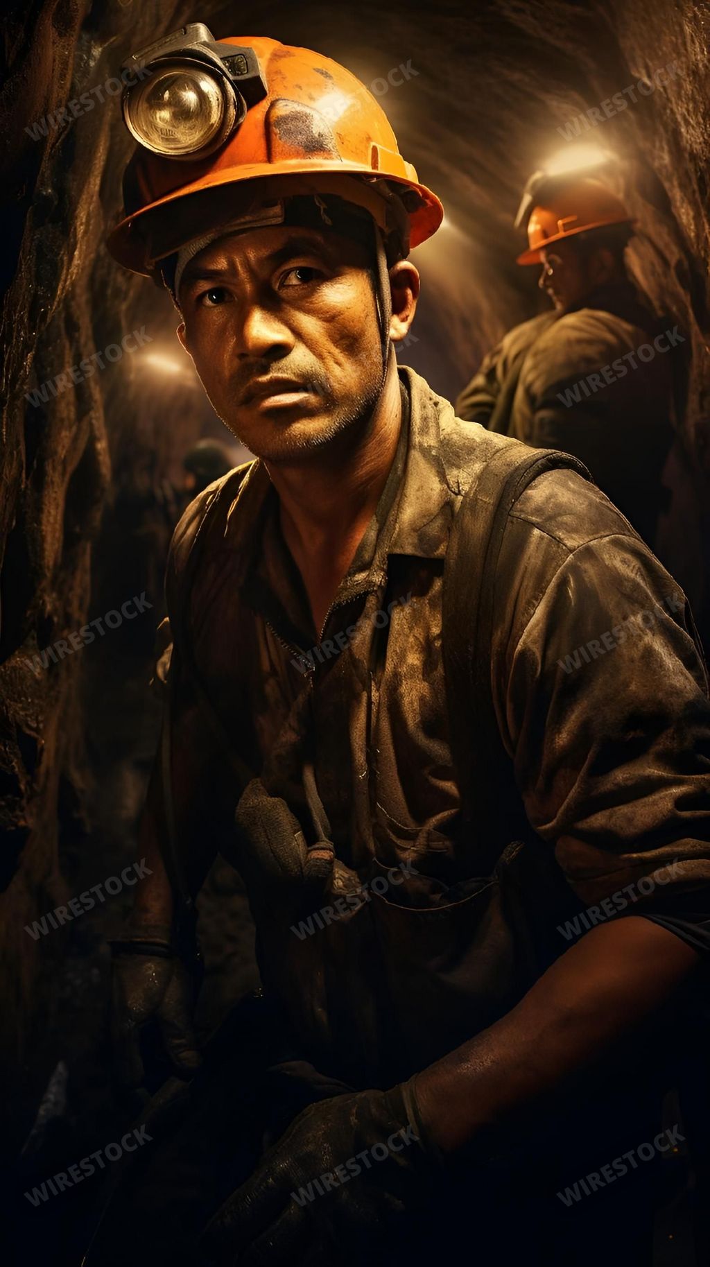 An AI generated illustration of a professional mine worker wearing a yellow protective hardhat