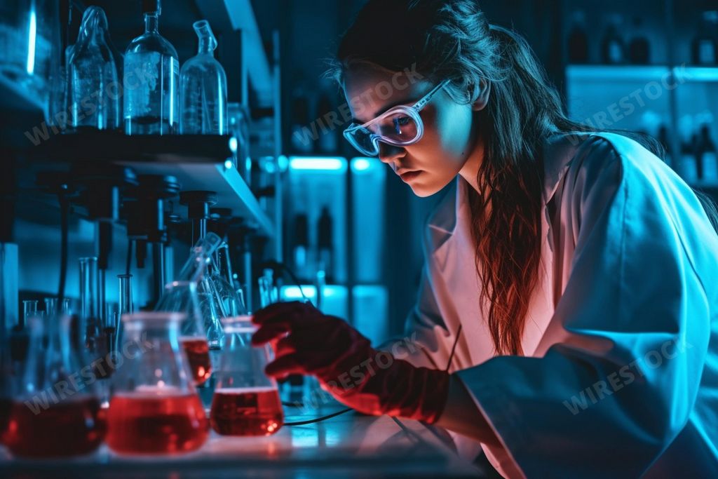 An AI generated illustration of A young female scientist wearing a white lab coat and glasses standing in a laboratory
