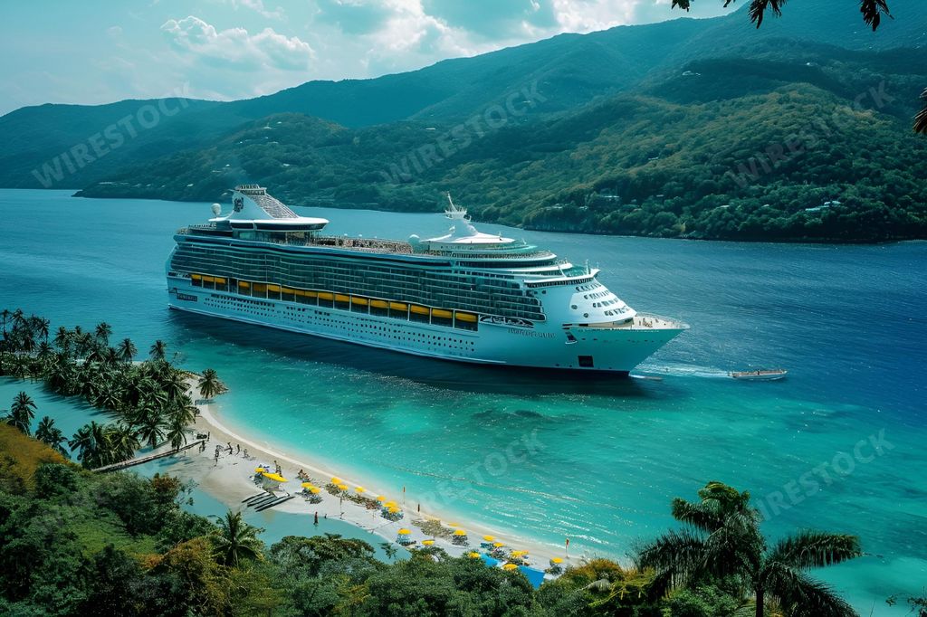 A cruise ship navigating a narrow river, surrounded by rocky terrain, AI-generated.
