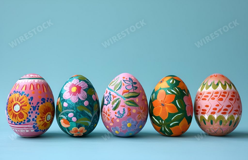 An AI generated illustration of A vibrant collection of Easter eggs showcasing a variety of colors and intricate designs
