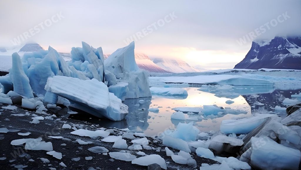 An AI generated illustration of a frozen lake with chunks of ice floating in the water