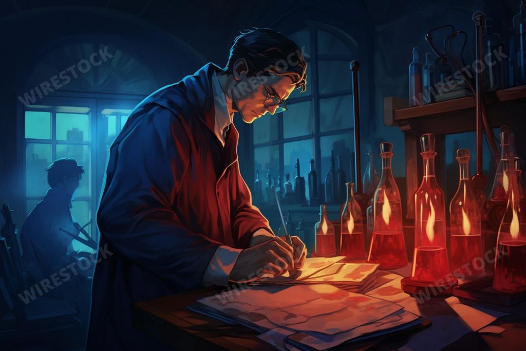 An AI-generated illustration of a man in a white lab coat and glasses standing in a professional laboratory setting