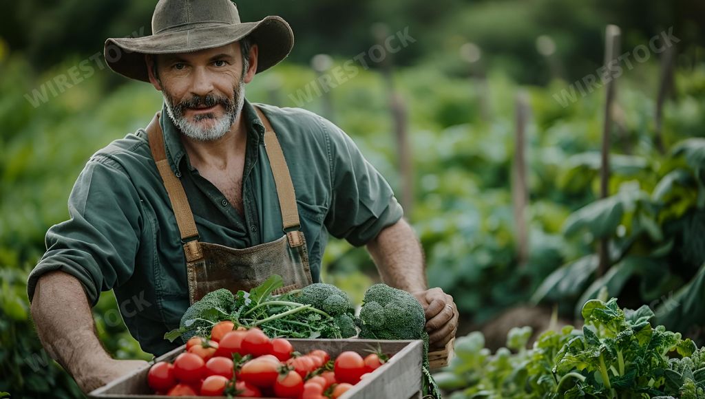 An AI generated illustration of a man in cowboy hat holding a crate of vegetables