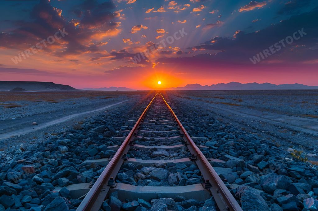 A sunrise over desert with train tracks and rocky road cutting through, AI-generated.