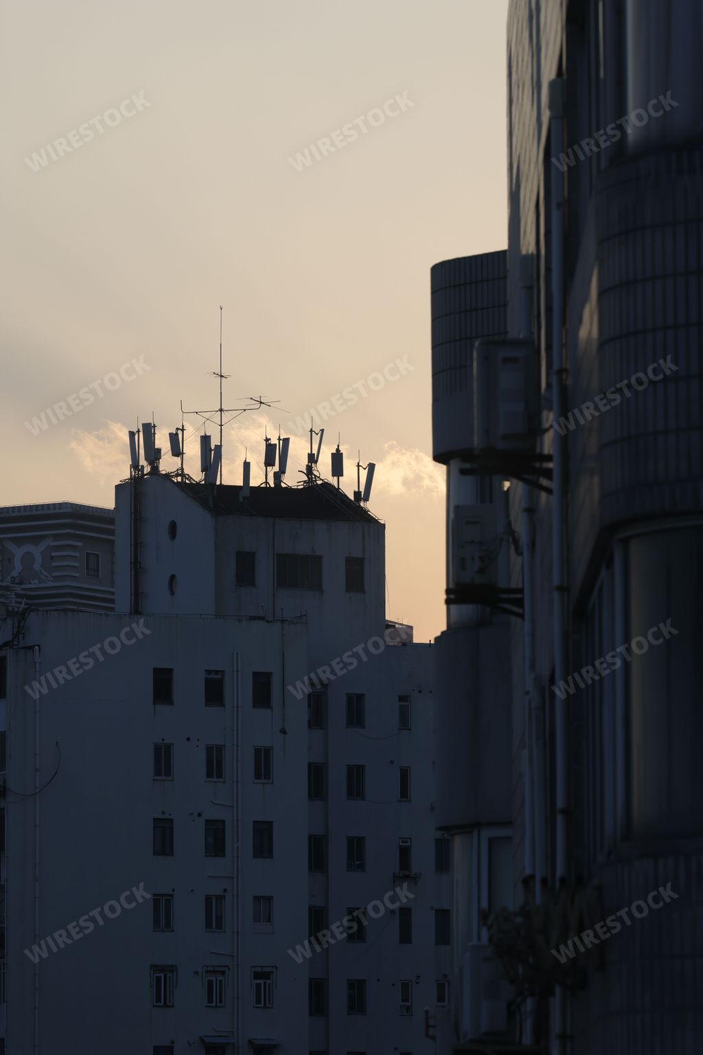 A view of apartment buildings during sunset in Shanghai, China