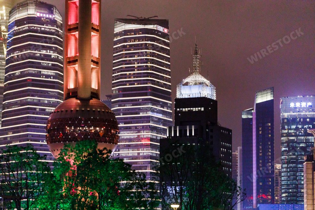 The illuminated Oriental Pearl TV Tower at night in Shanghai, China