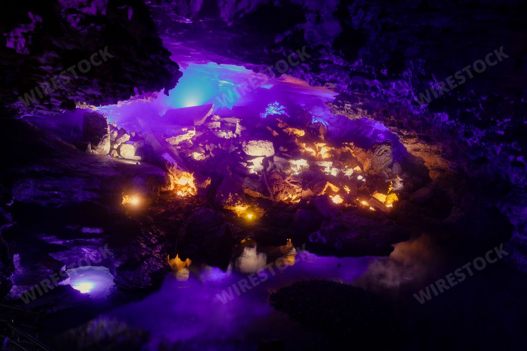 A scenic inside view of the Shuanghedong Caves with colorful lights, Wenquan, Suiyang County, Guizhou Province, China