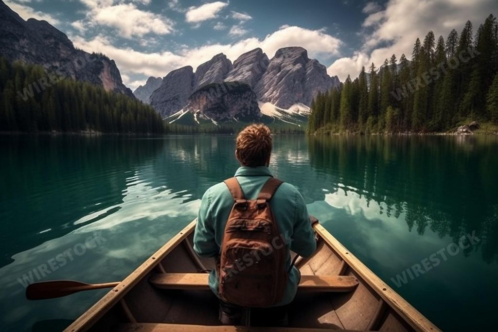 An AI generated illustration of A person is rowing a boat across a tranquil body of water surrounded by majestic mountain ranges