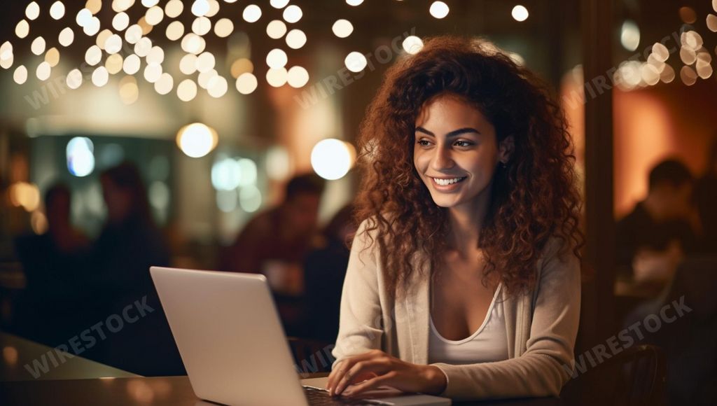 A smiling woman working with her laptop, sitting at a table, AI-generated.