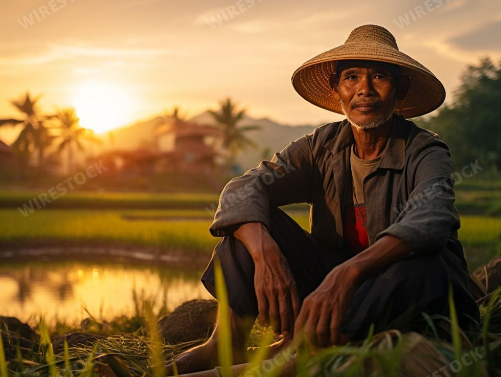 A mature male farmer wearing a straw hat stands in a rural field, harvesting freshly grown rice