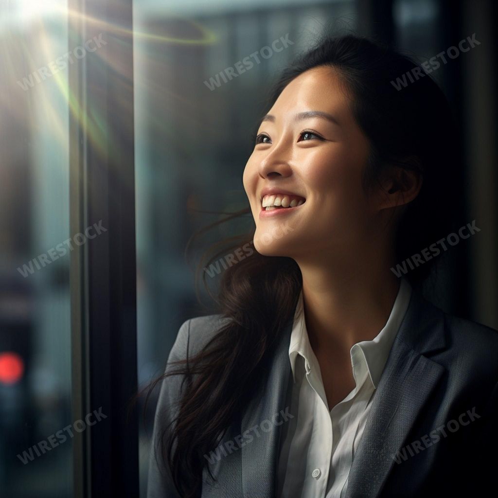 An AI generated illustration of a cheerful asian woman standing in front of a glass door