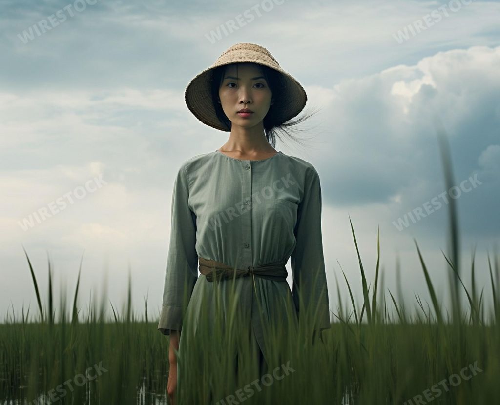 An AI generated illustration of a young Asian woman working in a green field