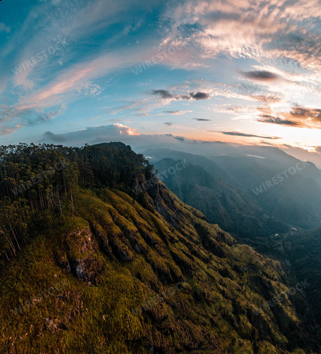 A drone shot of Little Adam's Peak in Sri Lanka at sunset