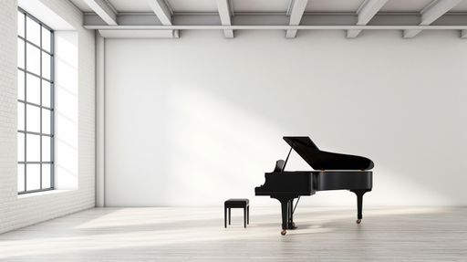 An AI illustration of A contemporary styled interior featuring a white walled room with an empty grand piano in the center