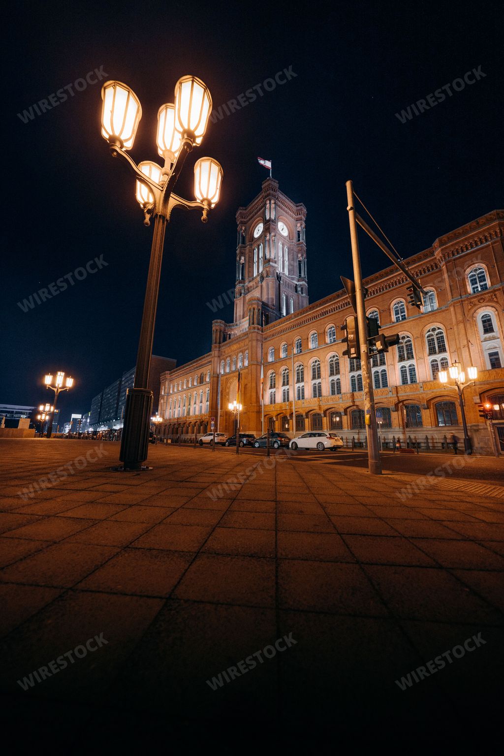 A vertical shot of Berlin, Brandenburg, Rotes Rathaus, Red City Hall, Germany at night