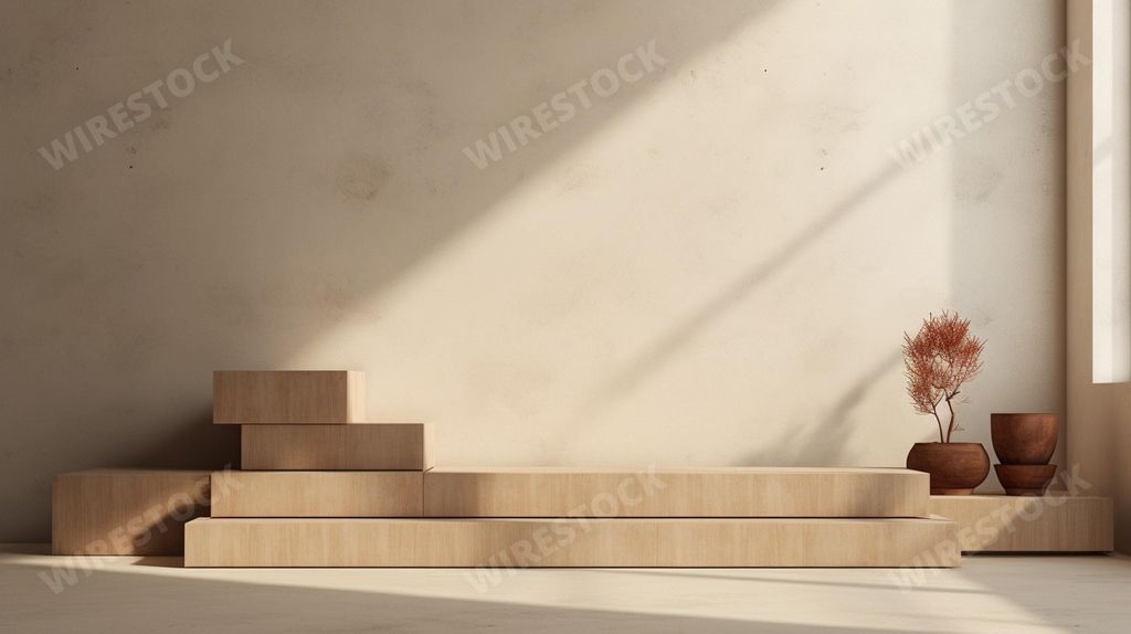 An AI illustration of This image depicts a modern living room featuring light-colored wooden furniture and white walls