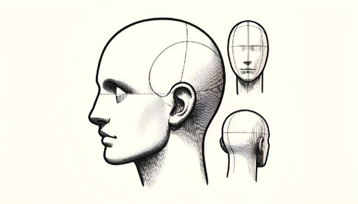 A minimalistic profile view of mannequin head and ear in various positions, AI-generated.