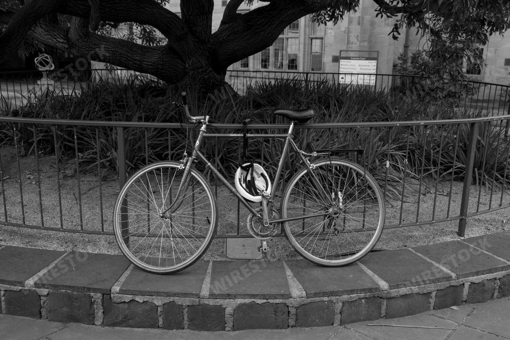 A bicycle resting against a railing in a park in grayscale