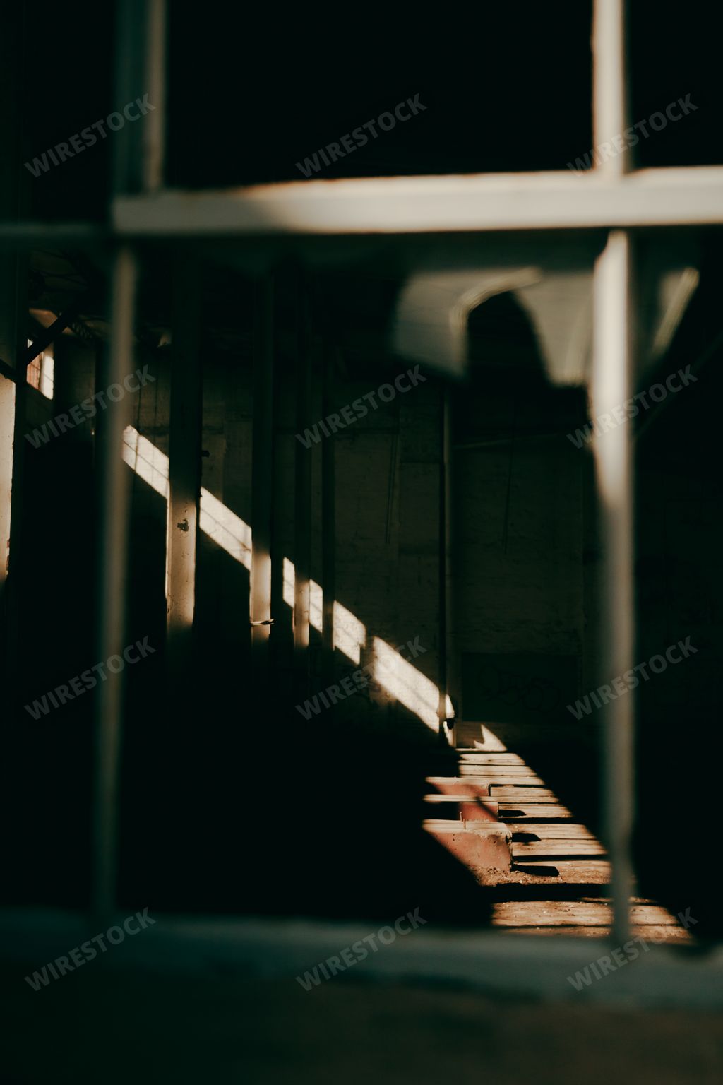 A vertical shot of the light shining into a room in abandoned building