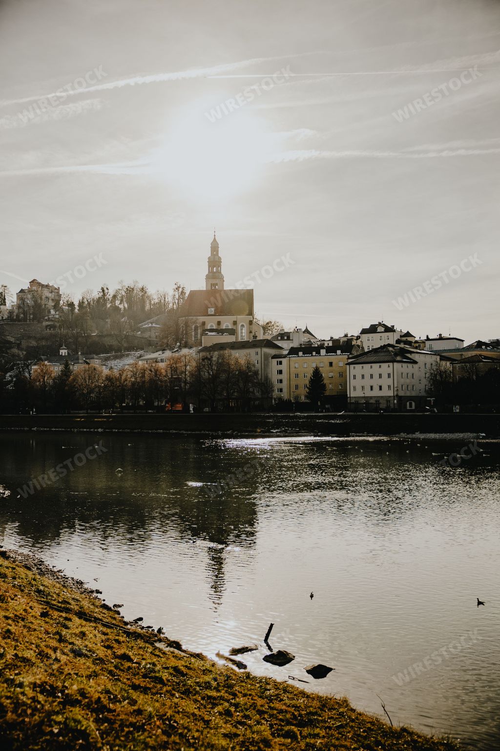 A vertical shot of beautiful architecture of Salzburg, Austria, near the pond on a sunny day